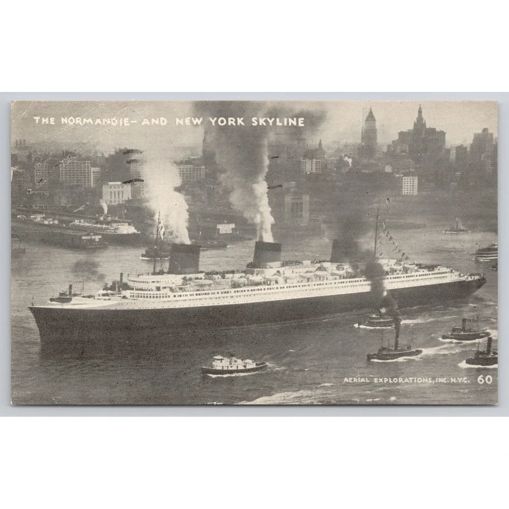 Vintage Postcard SS Normandie New‎ York Skyline Aerial Explorations Inc NYC 1936